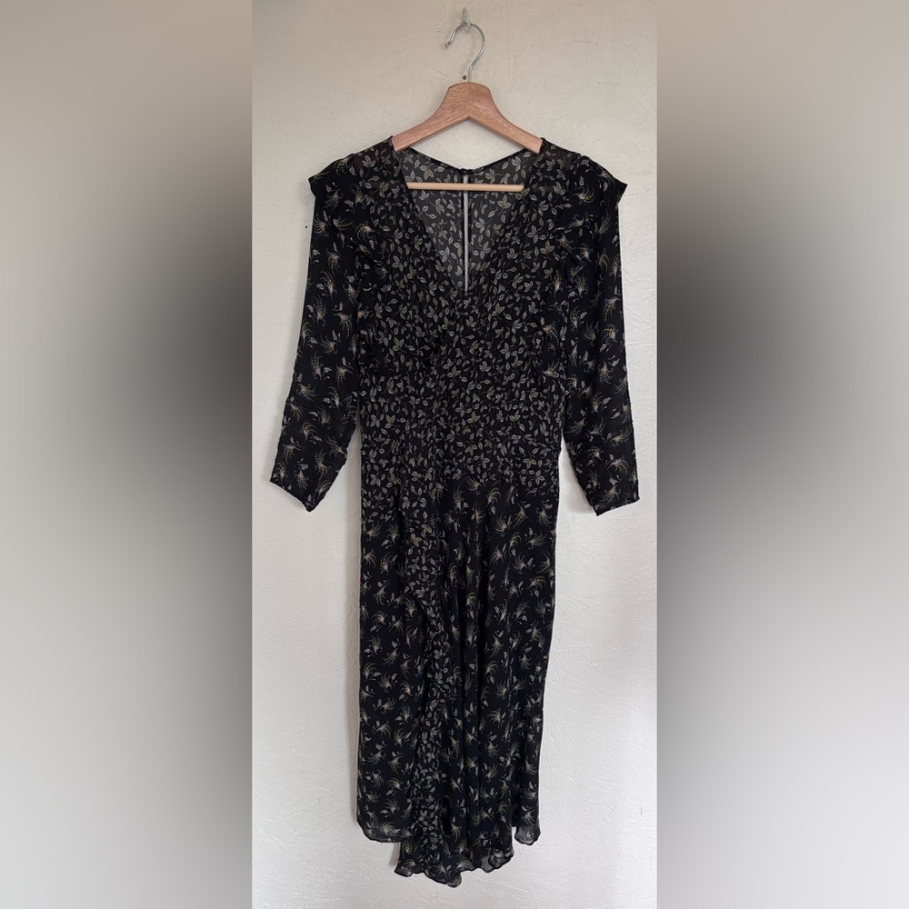 Anthropologie Bailey 44 Ophelia Black Floral Print Ruffle Midi V Neck Boho Dress - Picture 6 of 15